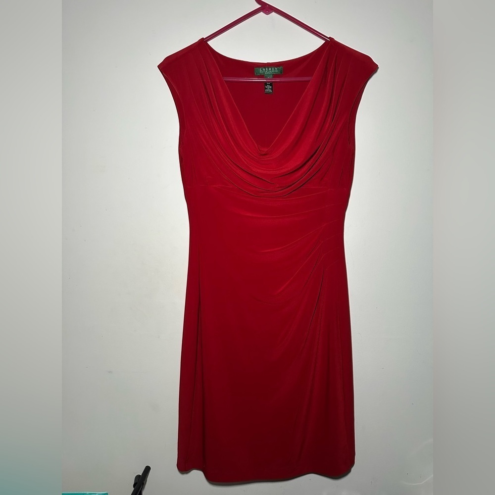 Ralph Lauren LRL Scarlet Red Cowl Neck Rusching Classy Knee Length Dress Size 6